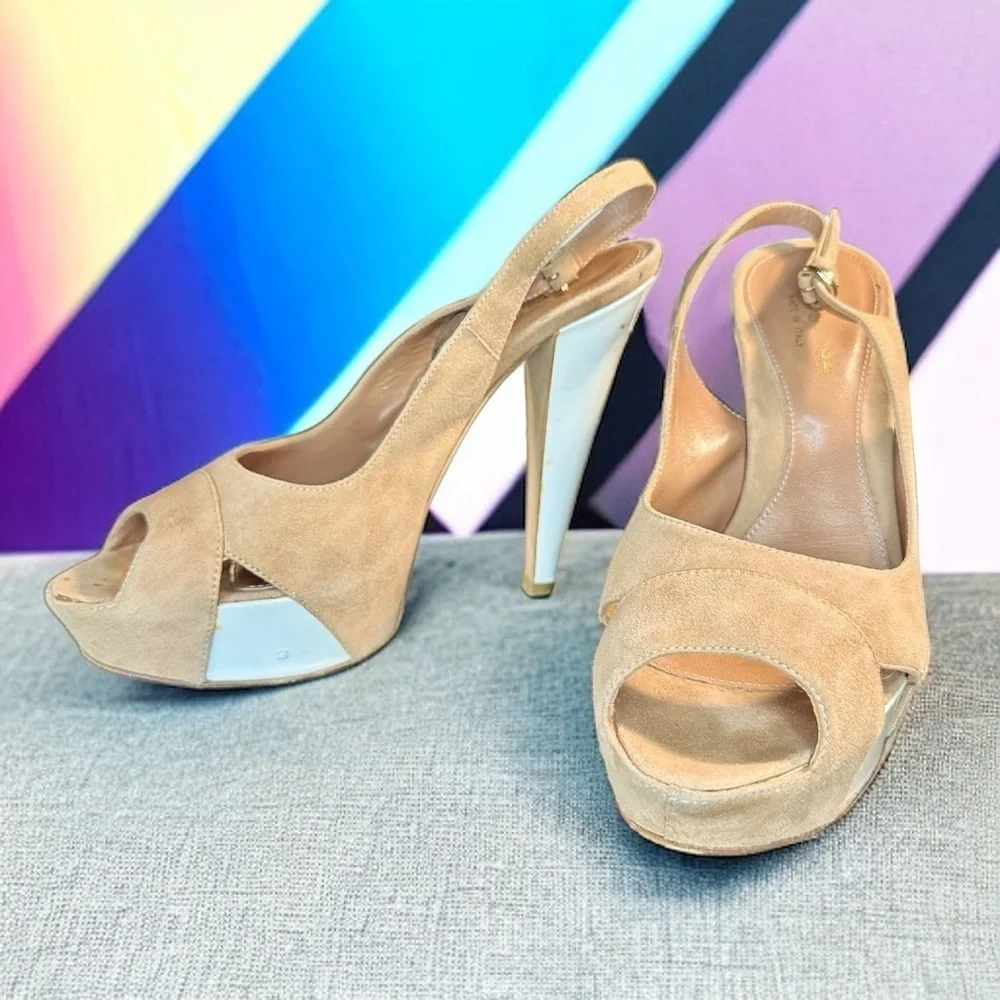 Sergio Rossi ‘Agathe’ Tan Suede & White Patent Peep Toe Slingback Heels Size 7.5